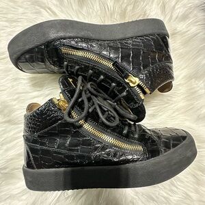 Giuseppe Zanotti Black Croc-Embossed High-Top Sneakers with Gold Zippers sz 10